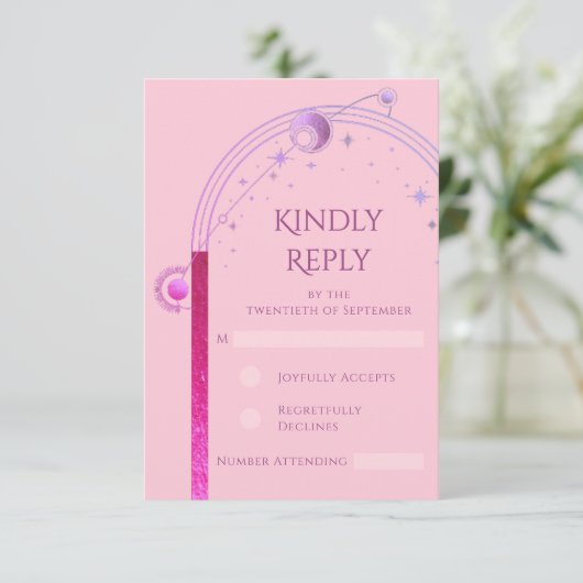 Celestial Roze Paarse Zon Maan Sterren Huwelijk RSVP Kaartje (Staand voorkant)