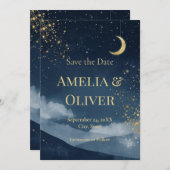 Celestial Save the Date | Navy & Gold Starry Night Kaart (Voorkant / Achterkant)