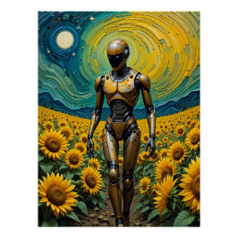 Celestial Sentience: Robot in Sunflower Fields Perfect Poster