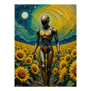 Celestial Sentience: Robot in Sunflower Fields Perfect Poster
