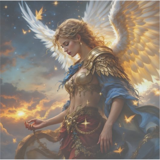 Celestial Sentinel – Engel van de Dageraad en Godd Sticker (Voorkant)