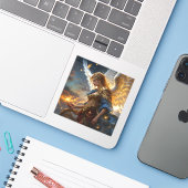 Celestial Sentinel – Engel van de Dageraad en Godd Sticker (Laptop met iPhone)