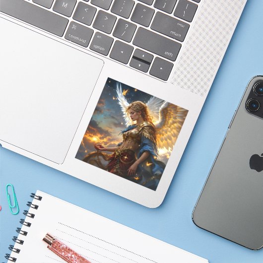 Celestial Sentinel – Engel van de Dageraad en Godd Sticker (Laptop met iPhone)