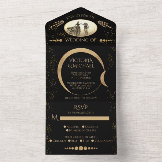 Celestial Shooting Star Eclipse Moon Photo Wedding All In One Uitnodiging (Binnen)