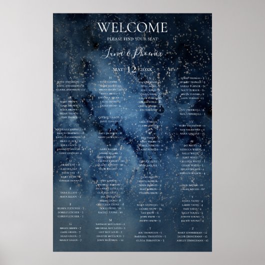 Celestial Sky | Silver Alfabetical Seating Chart Poster (Voorkant)