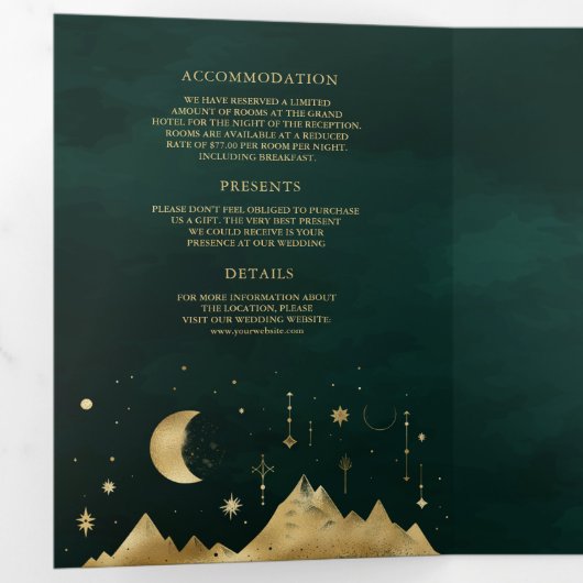 Celestial Smaragd Gouden Halve Maan Fase Bruiloft Drieluik Uitnodiging (Binnenzijde eerst)