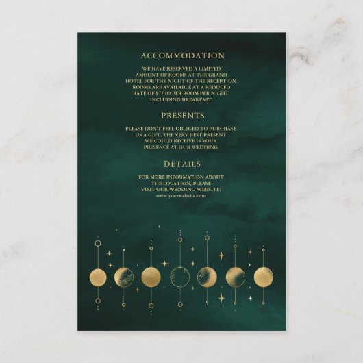 Celestial Smaragd Gouden Halve Maan Fase Bruiloft Informatiekaartje (Voorkant)