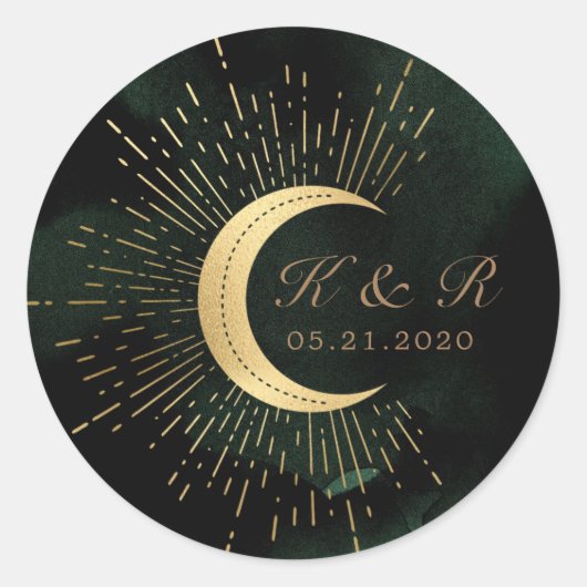 Celestial Smaragd Gouden Maan Bruiloft Classic Ron Ronde Sticker (Voorkant)