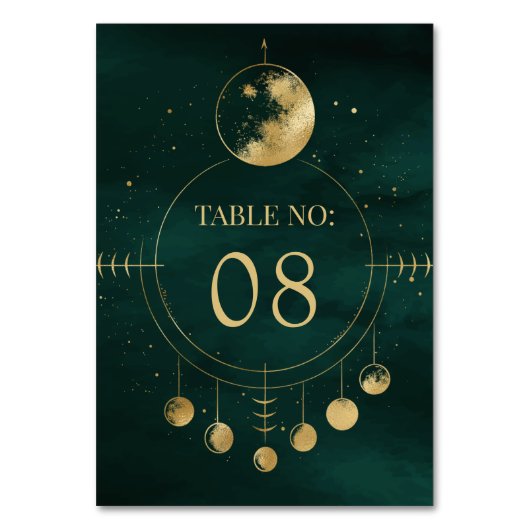 Celestial Smaragd Gouden Maan Fasen Bruiloft Kaart (Voorkant)