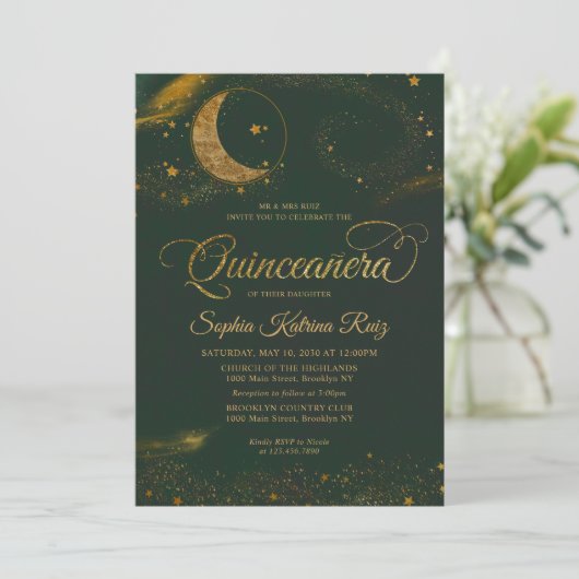 Celestial Smaragd Groen Gouden Ster Maan Quinceane Kaart (Staand voorkant)