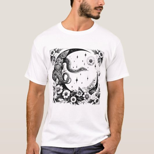 Celestial Snake Botanical Crescent Moon Gothic T-shirt (Voorkant)