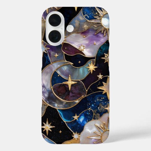 Celestial StainedGlass iPhone Case Moon Stars Gold (Achterkant)