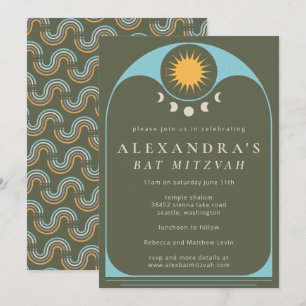 Celestial Star Green Blue Modern Bat Mitzvah Invi Kaart