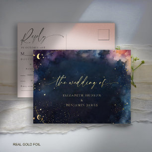 Celestial Star Midnight Blue Wedding Gold Reageer Folie Uitnodiging Briefkaart
