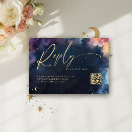 Celestial Star Midnight Blue Wedding QR Reply Kaar