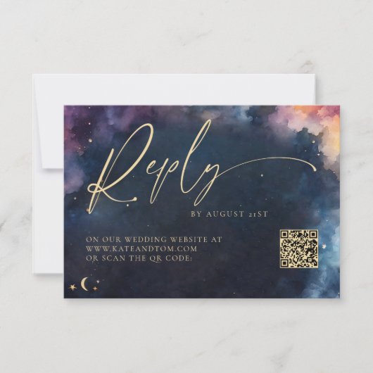 Celestial Star Midnight Blue Wedding QR Reply Kaar (Voorkant)