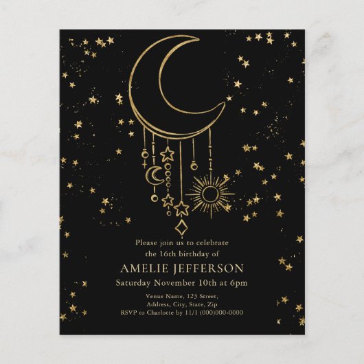 Celestial Star Moon Budget Verjaardag Uitnodiging (Voorkant)