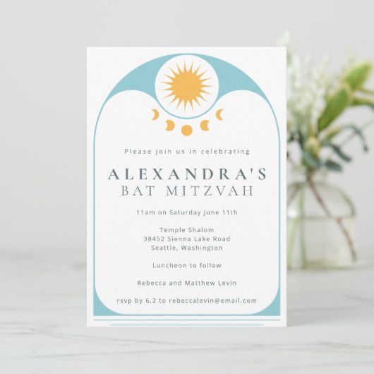 Celestial Star Yellow Blue Modern Bat Mitzvah Kaart (Staand voorkant)