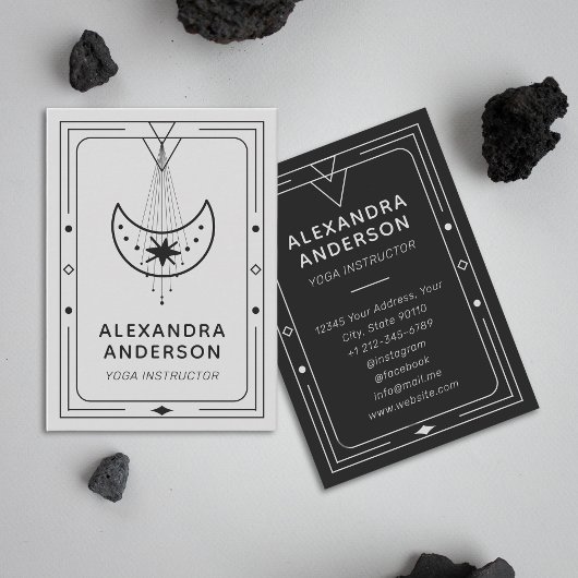Celestial Starry Crescent Moon Grijs en Zwart Visitekaartje