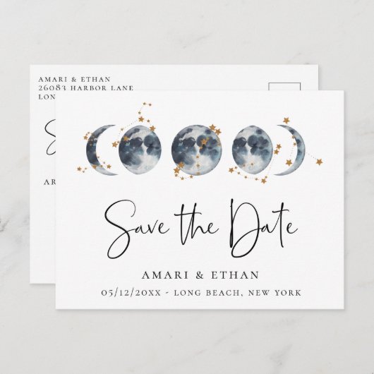 Celestial Starry Moon Phase Bewaar de datum Aankondigingskaart (Voorkant / Achterkant)