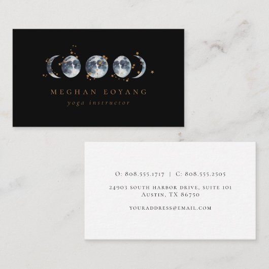 Celestial Starry Moon Phase | Zwart Visitekaartje (Voorkant / Achterkant)