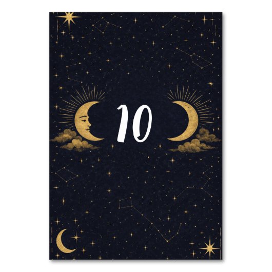 Celestial Starry Night Gold Moon Table Number Kaart (Voorkant)