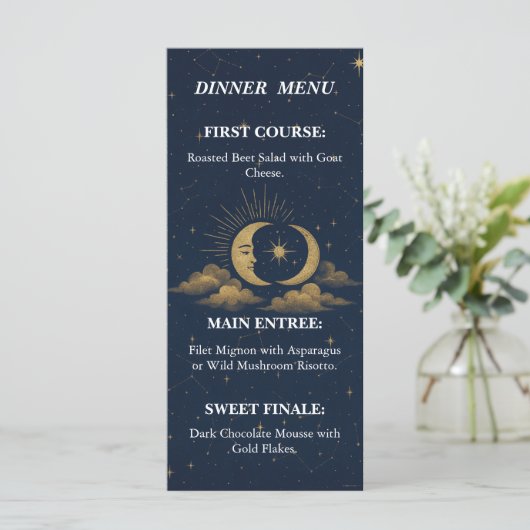 Celestial Starry Night Gold Moon Wedding Menu (Staand voorkant)