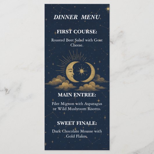 Celestial Starry Night Gold Moon Wedding Menu (Voorkant)