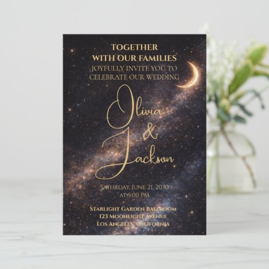 Celestial Starry Night Wedding Invitation Kaart (Staand voorkant)