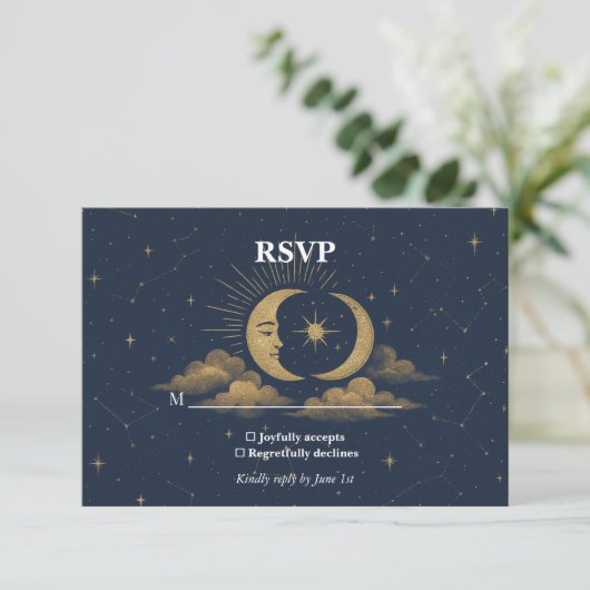 Celestial Starry Night Wedding RSVP Card (Staand voorkant)