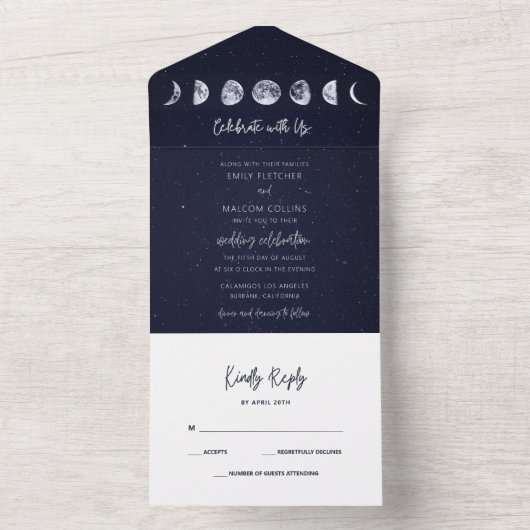 Celestial Starry Sky Moon Phases Celebrate Wedding All In One Uitnodiging (Binnen)