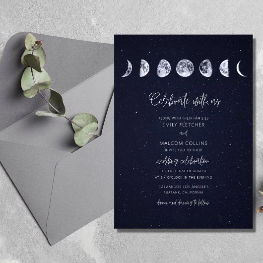 Celestial Starry Sky Moon Phases Celebrate Wedding Kaart