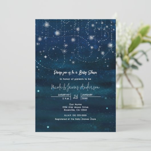 Celestial Starry Sky Swirls Baby shower Invitation Kaart (Staand voorkant)