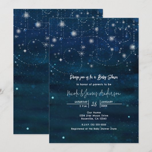 Celestial Starry Sky Swirls Baby shower Invitation Kaart (Voorkant / Achterkant)