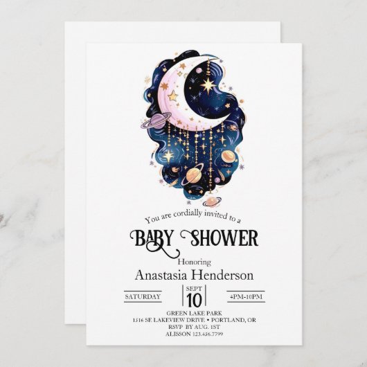 Celestial Starry Stars Baby shower Kaart (Voorkant / Achterkant)