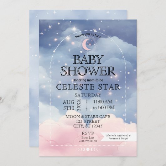 Celestial Stars Baby shower Invitation Kaart (Voorkant / Achterkant)