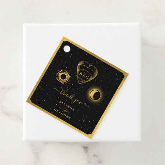Celestial Stars Crescent Moon Zwart Goud Bruiloft Bedankjes Labels (In situ)