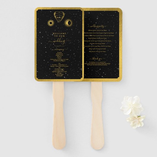 Celestial Stars Crescent Moon Zwart Goud Bruiloft Handwaaier (Voorkant en achterkant)