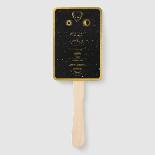 Celestial Stars Crescent Moon Zwart Goud Bruiloft Handwaaier (Voorkant)