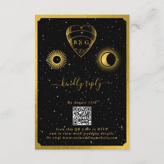 Celestial Stars Crescent Moon Zwart Goud Bruiloft Informatiekaartje (Voorkant)