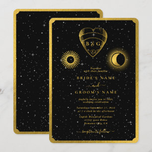 Celestial Stars Crescent Moon Zwart Goud Bruiloft Kaart