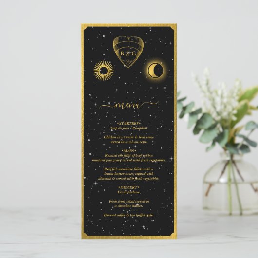 Celestial Stars Crescent Moon Zwart Goud Bruiloft Menu (Staand voorkant)