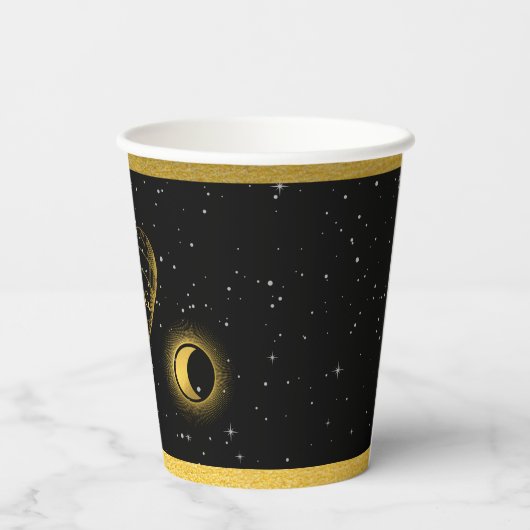 Celestial Stars Crescent Moon Zwart Goud Bruiloft Papieren Bekers (Achterkant)