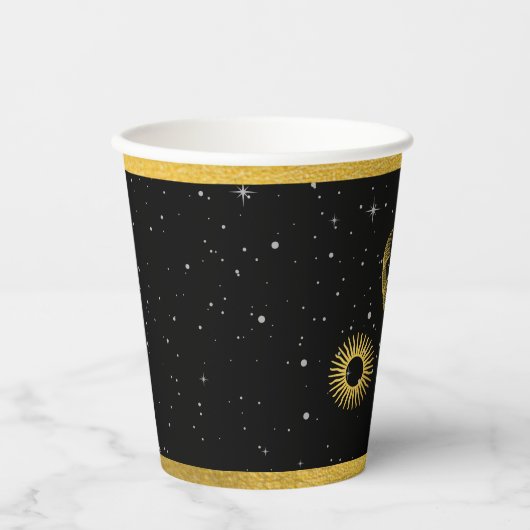 Celestial Stars Crescent Moon Zwart Goud Bruiloft Papieren Bekers (Voorkant)