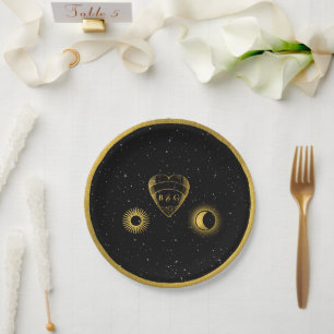 Celestial Stars Crescent Moon Zwart Goud Bruiloft Papieren Bordje