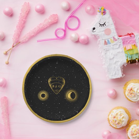 Celestial Stars Crescent Moon Zwart Goud Bruiloft Papieren Bordje (Feest)