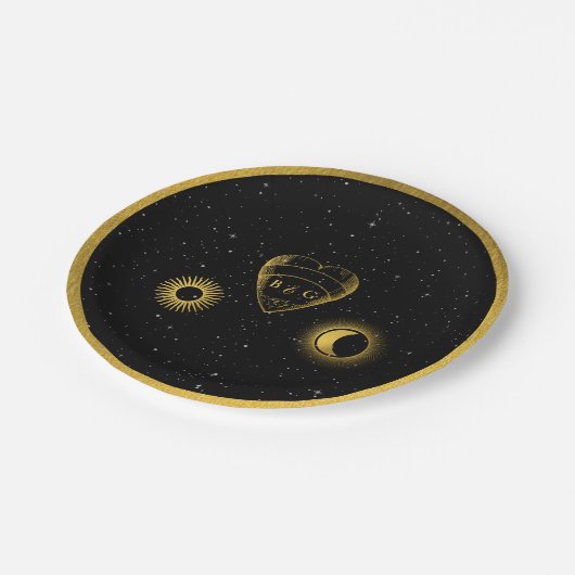 Celestial Stars Crescent Moon Zwart Goud Bruiloft Papieren Bordje (Gekanteld)