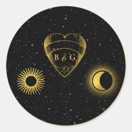 Celestial Stars Crescent Moon Zwart Goud Bruiloft Ronde Sticker
