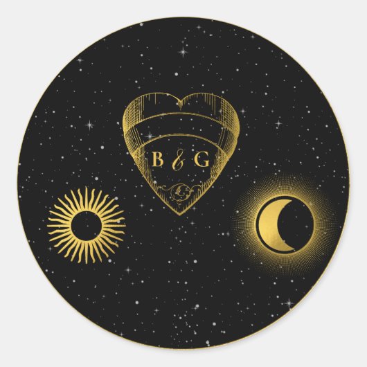 Celestial Stars Crescent Moon Zwart Goud Bruiloft Ronde Sticker (Voorkant)