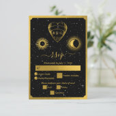Celestial Stars Crescent Moon Zwart Goud Bruiloft RSVP Kaartje (Staand voorkant)